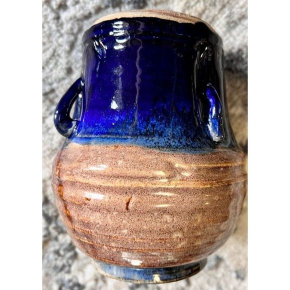 Signed Hand-Made Glazed Pottery Mug/Vase in Blue and Tan- Signed Ann - Picture 2 of 4